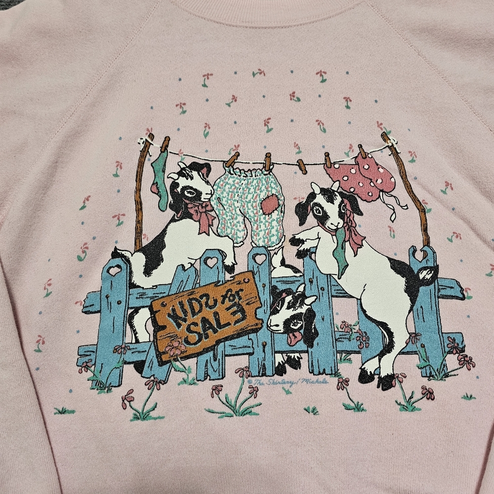 Vintage 90s Hanes Kids For Sale Goat Funny Pink Crewneck Sweater XL USA Made - Picture 3 of 16